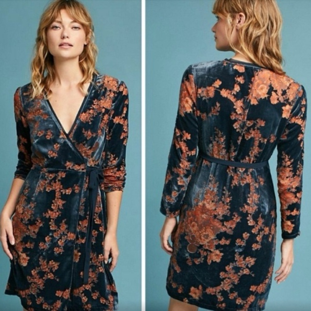 Anthropologie Navy and Orange Floral Long Sleeve Dress